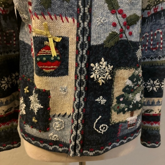Vintage Tiara Blue Holiday Christmas Patchwork Pom Pom Tassel Cardigan Sweater - Picture 7 of 11